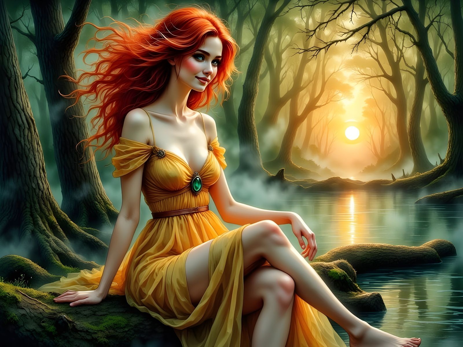 Norse Goddess in Forest at Sunset