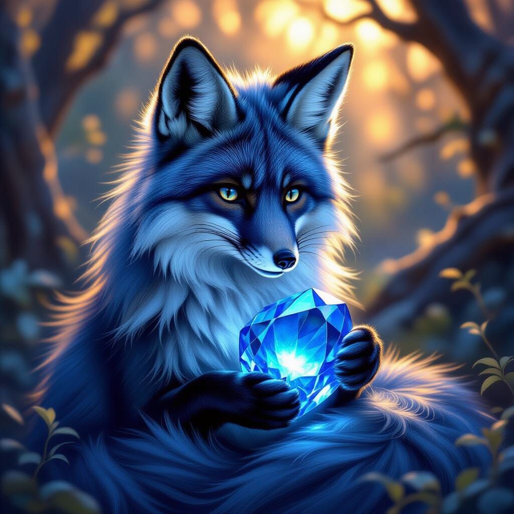 Shimmering Blue Fox Holds Luminous Sapphire