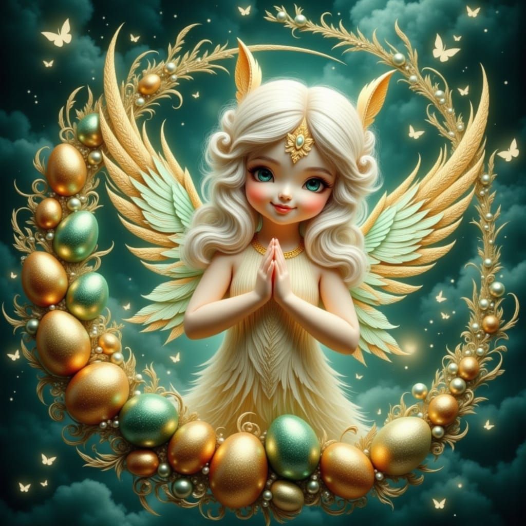 Surreal Easter Bunny Angel in Thai Costume with Magical Eggs