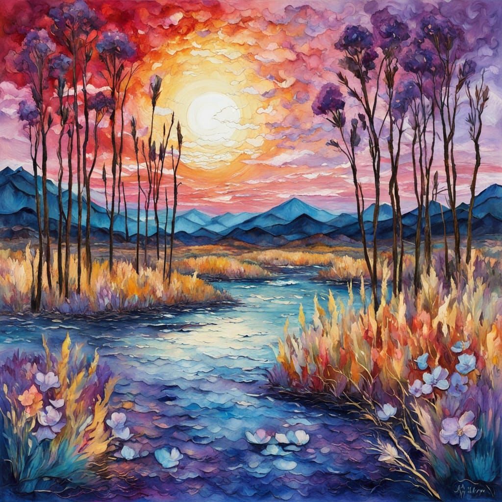 Fantastical Sunset Landscape in Impasto Style
