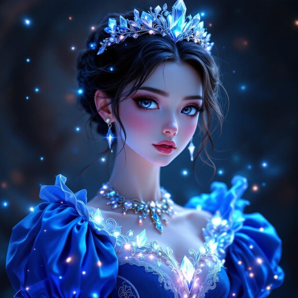 Glowing 3D Anime Queen in Opulent Victorian Gown