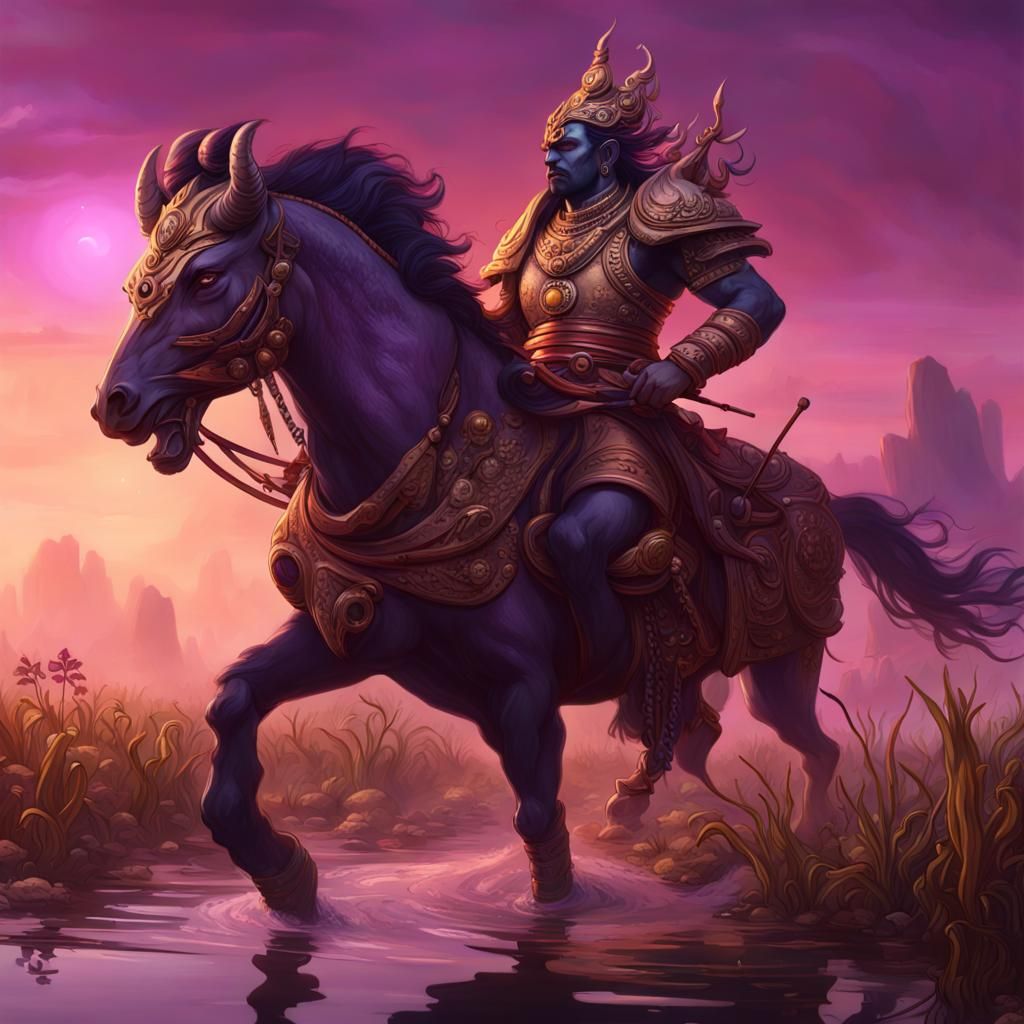 Bhagadatta Rides Through Marshlands: Dark Fantasy Art