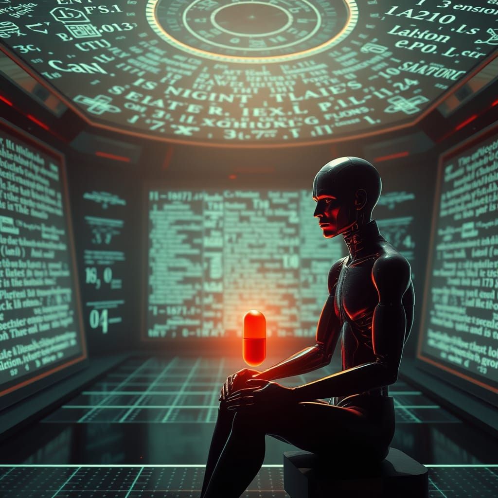 Contemplative Figure in Futuristic Chamber, Surrounded by Ho...