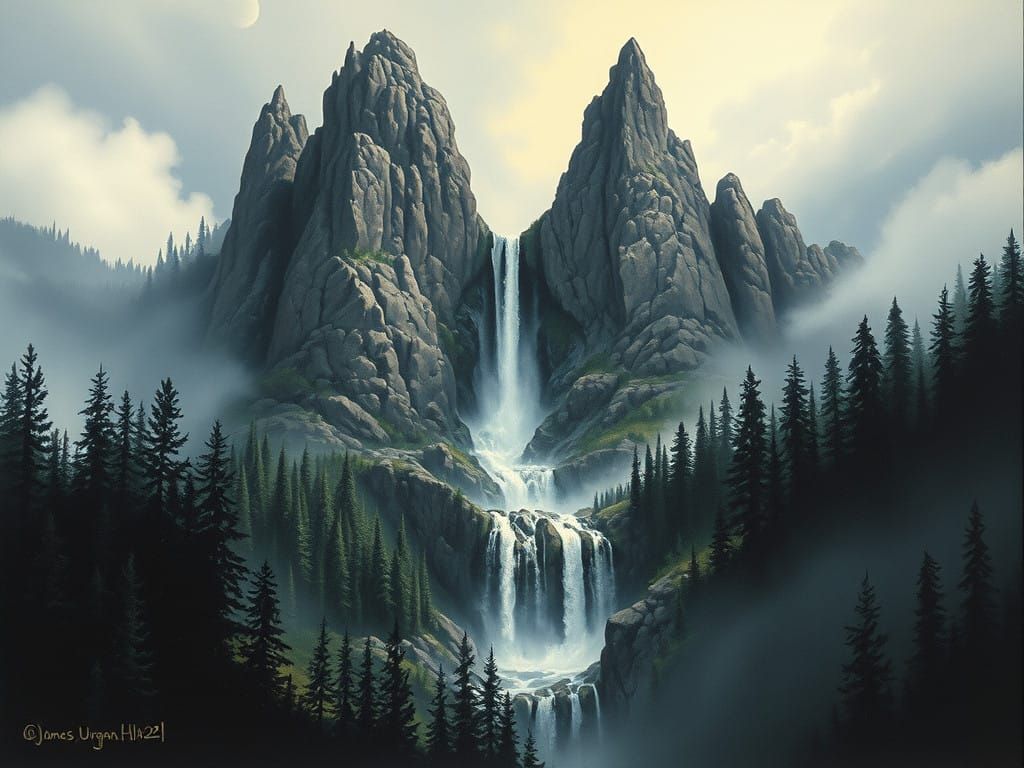 Misty Waterfall Cascade in Atmospheric 1980s D&D Art Style