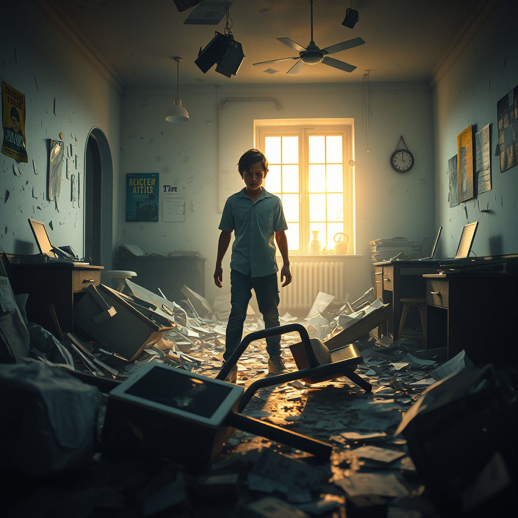 Chaotic Room Scene with Boy in Disarray