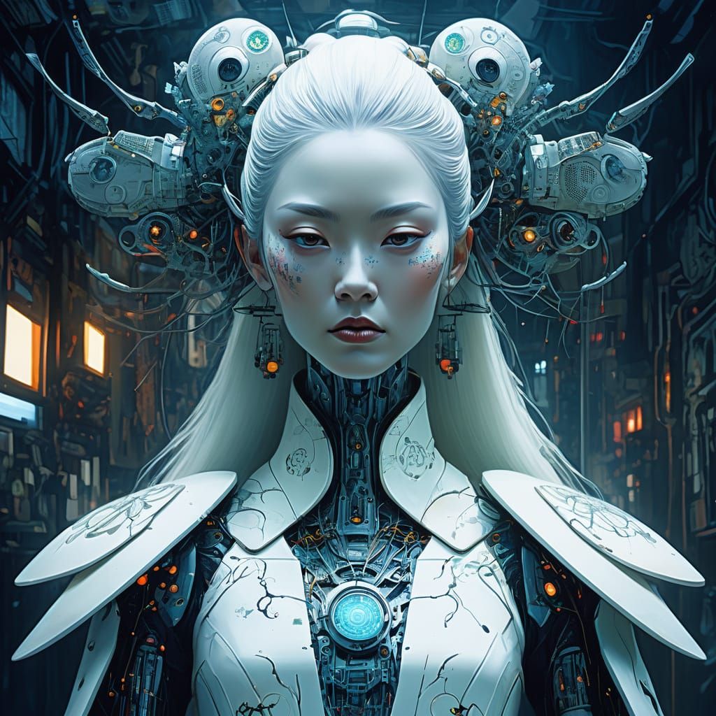 Silver Sunset Android Geisha Fairy in Futuristic Repairshop