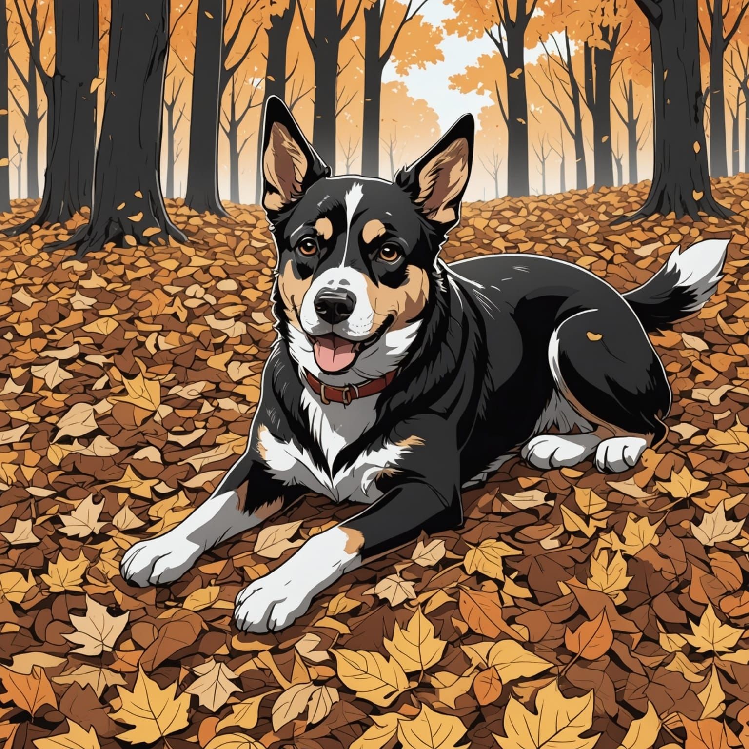 Dog Playing in Leaves: Black and White Illustration