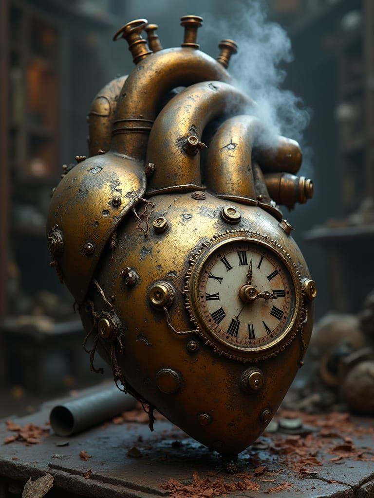 Ornate Clockwork Heart in Abandoned Steampunk Workshop