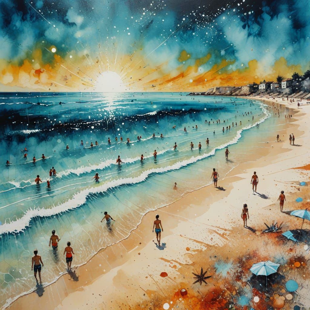 Summer Beach Ink Painting with Swimmers
