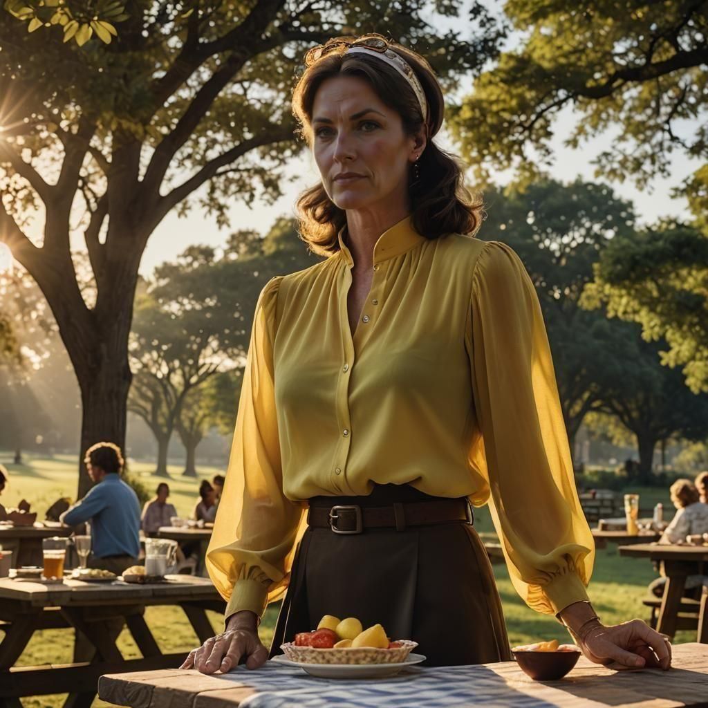 1970s Sunset Silhouette: Woman in Yellow Blouse