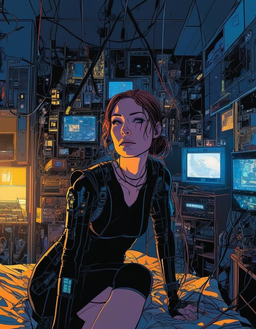 Cyberpunk Girl in Comic Style Bedroom