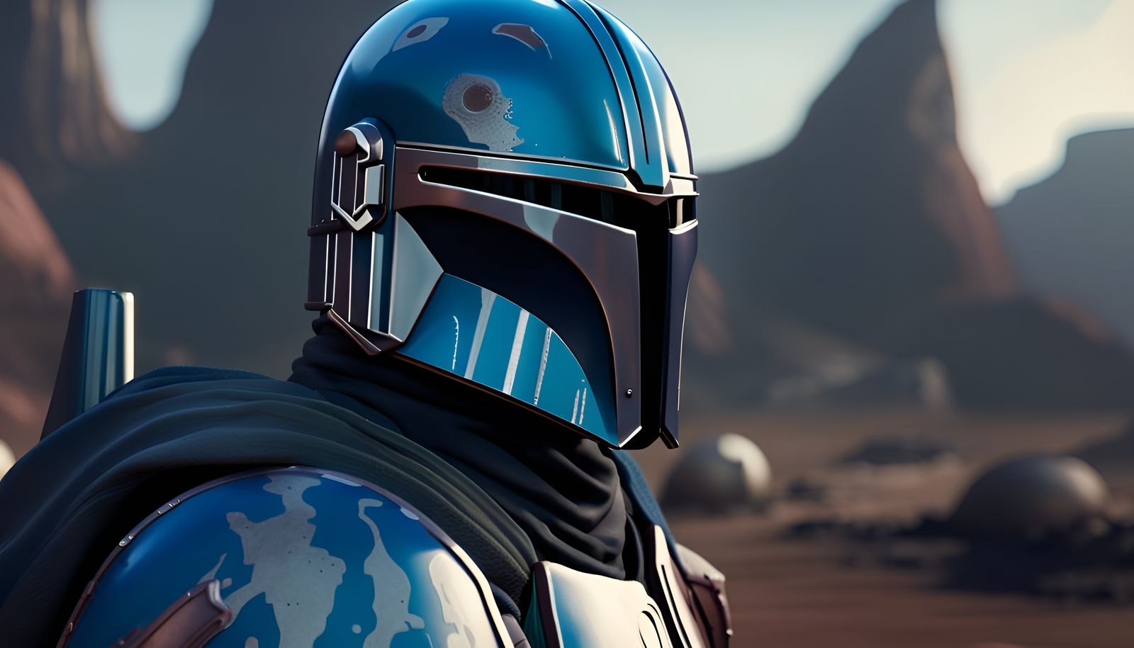 Mandalorian in Blue Armor Reflecting Battlefield