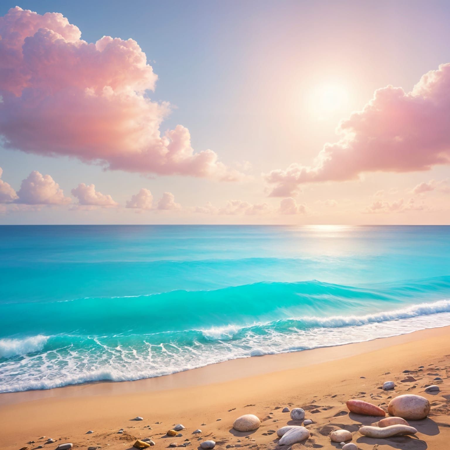 Iridescent Sea with Pink Clouds: Dreamy Landscape