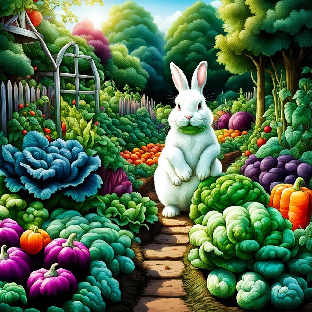 Colorful Vegetable Garden with White Rabbit