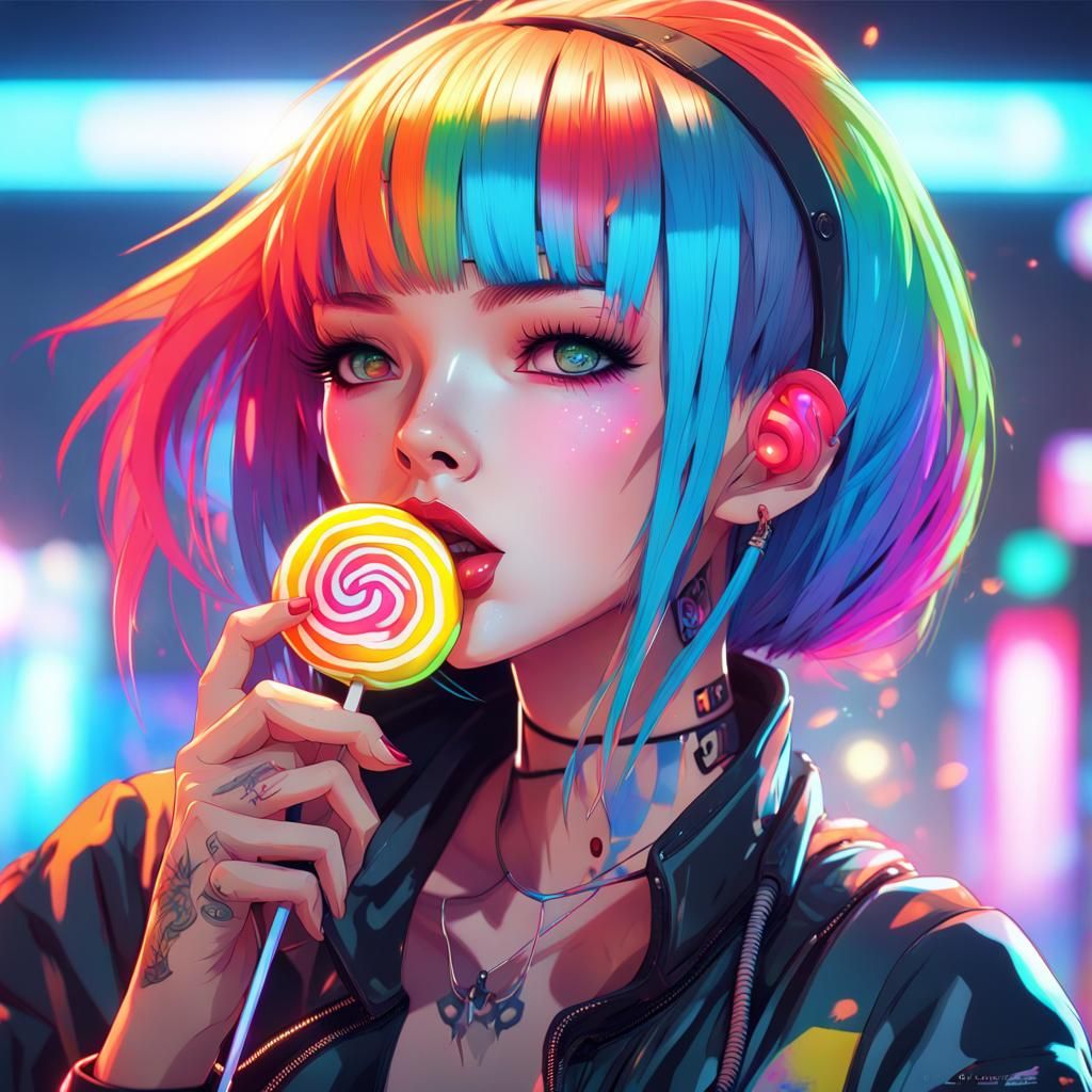 Cyberpunk Anime Girl with Rainbow Hair