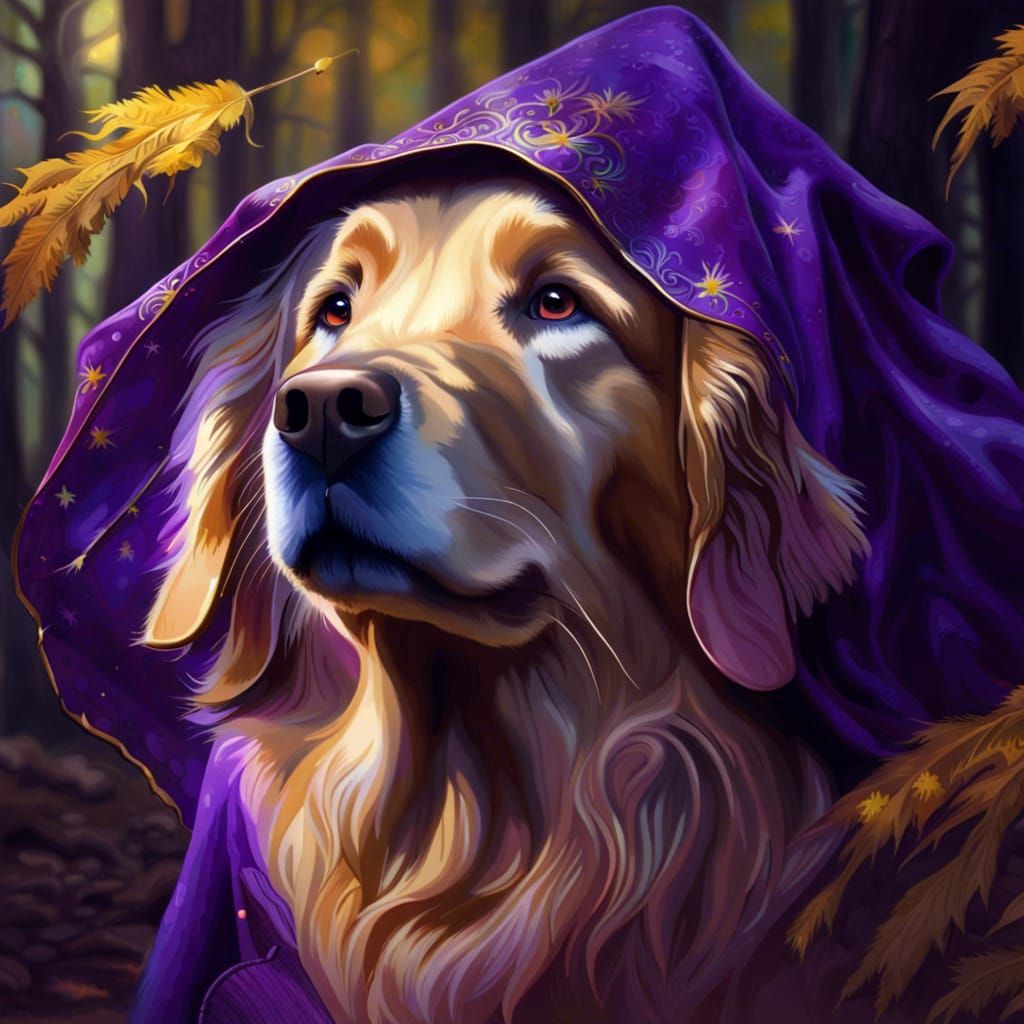Golden Retriever Wizard in Forest, Hyperrealistic Splash Art