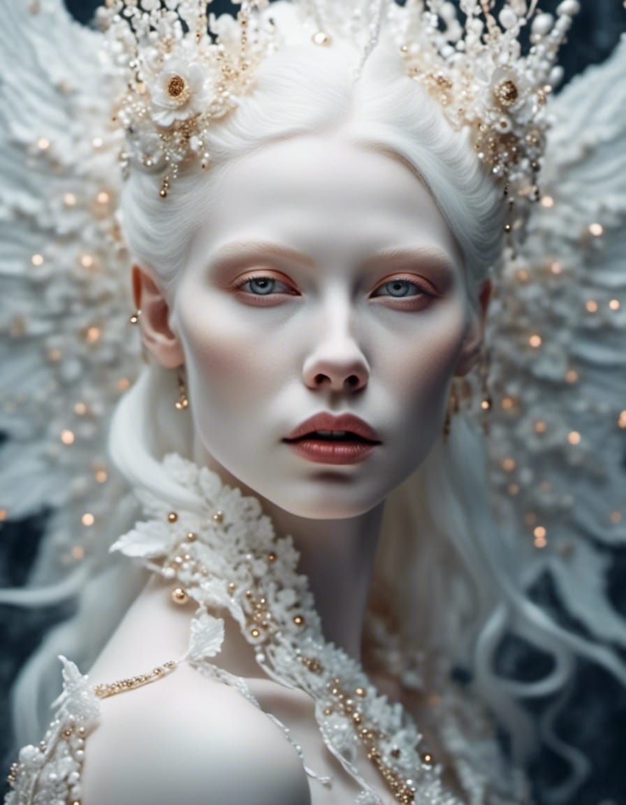 Striking Albino Woman in White: Minimalist Art