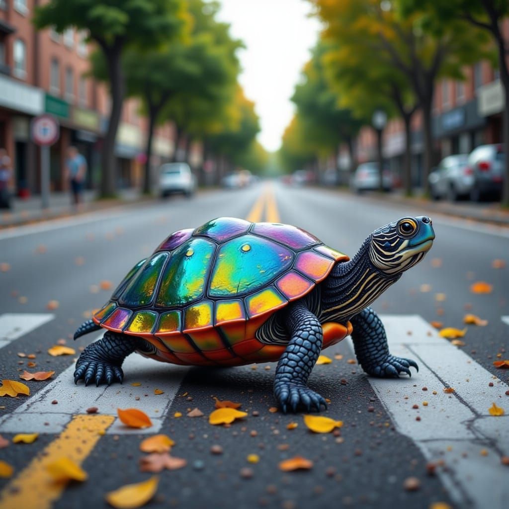 Metallic Sea Turtle Crossing a City Street