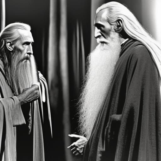 Peter Cushing and Christopher Lee as Saruman, Gandalf