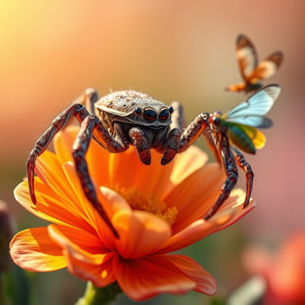Mysterious Crab Spider on a Sun-Kissed Meadow Bloom, in a Cy...