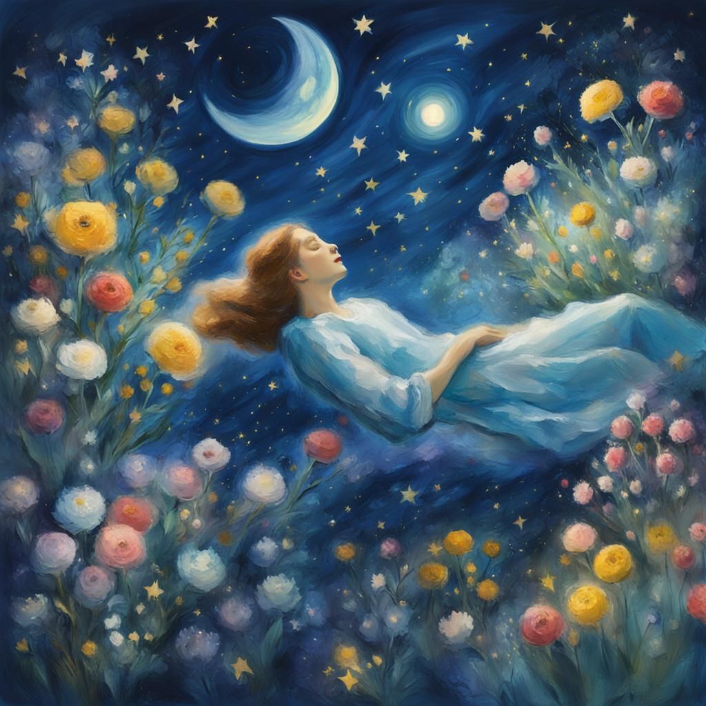 Woman Floating in Moonlit Garden, Chagall Style