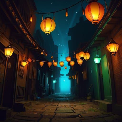Glowing Lanterns in Dark Alley: Hyperrealistic Concept Art