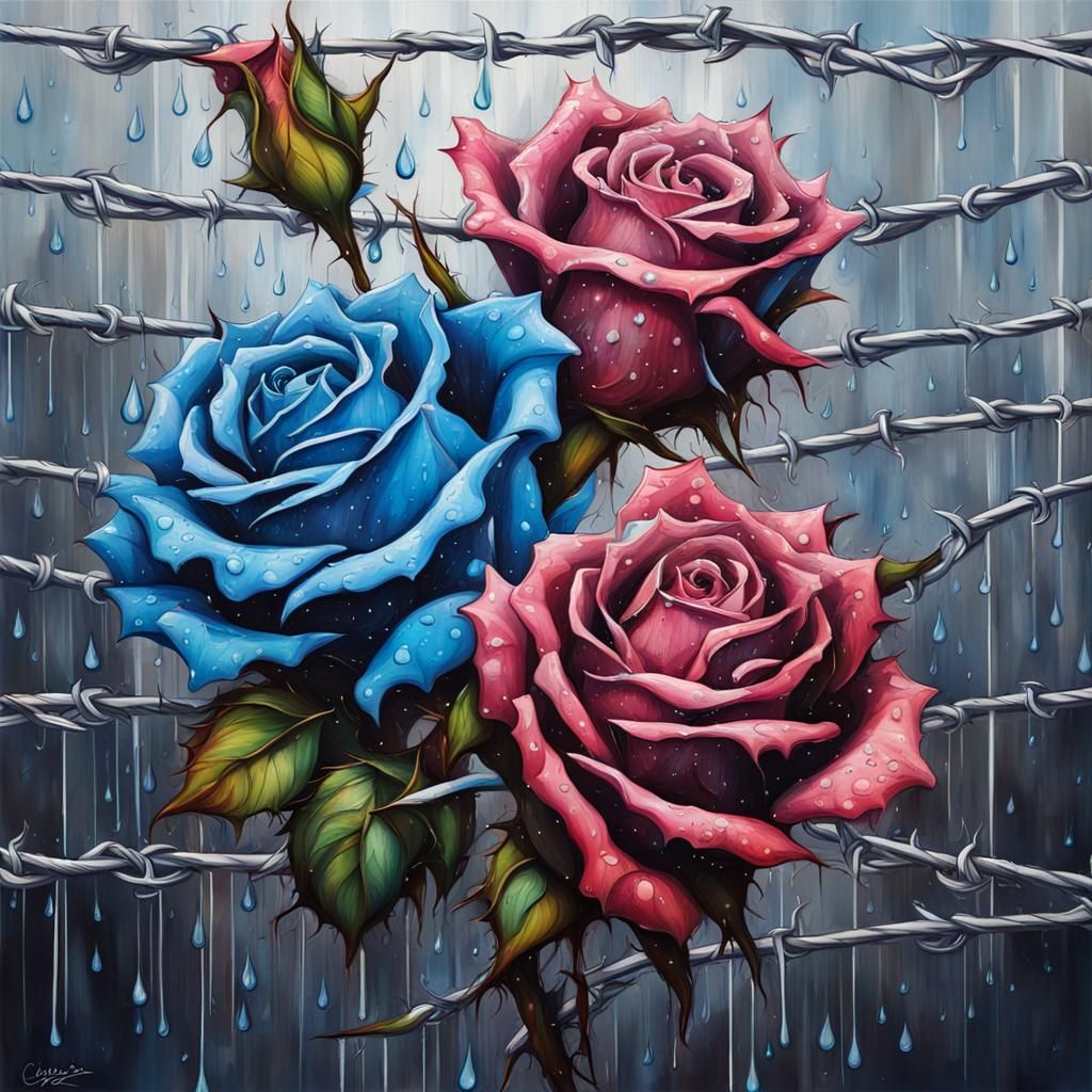 Blue Roses and Barbed Wire in Graffiti Art