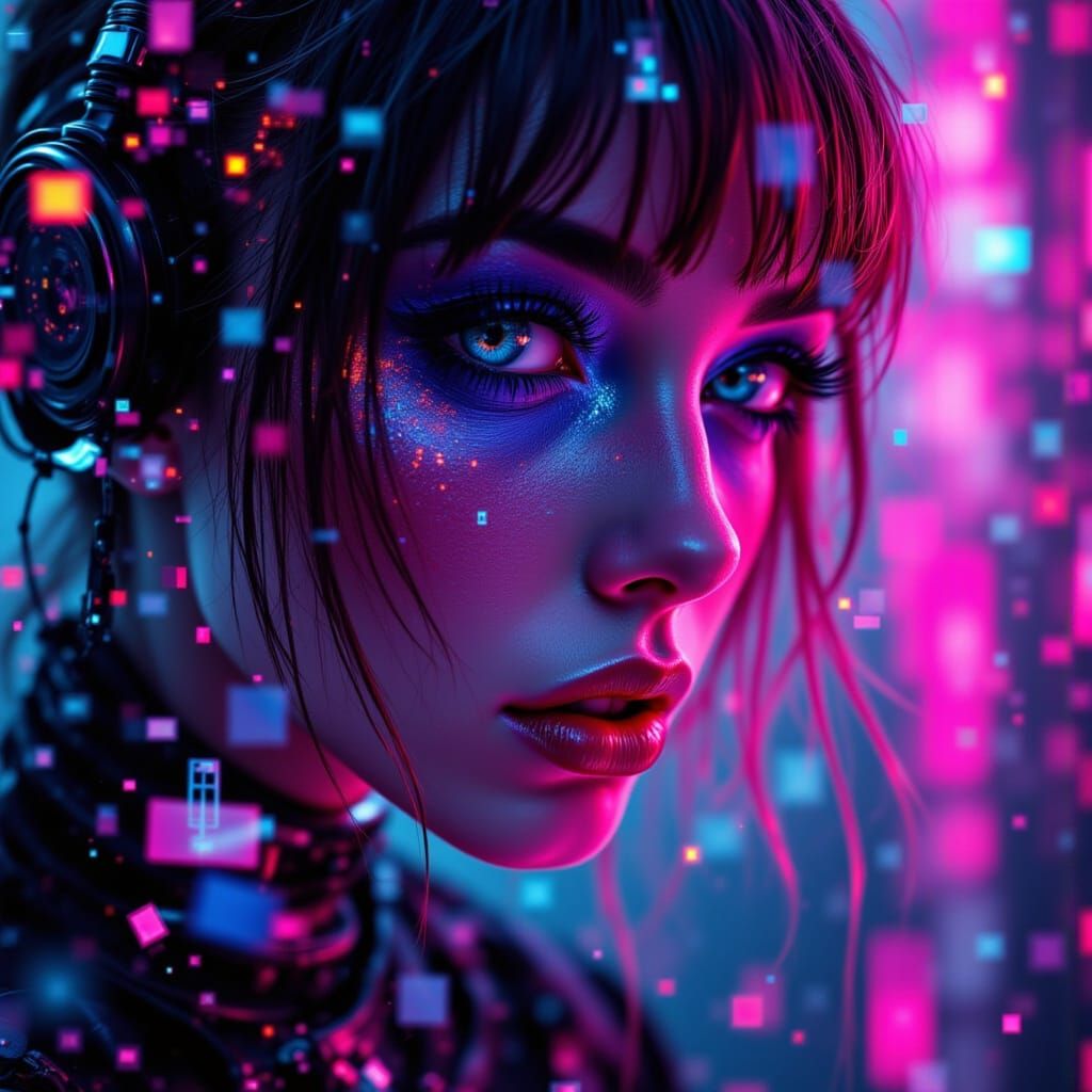Glitchcore Cyberpunk Girl in Surreal Digital Art