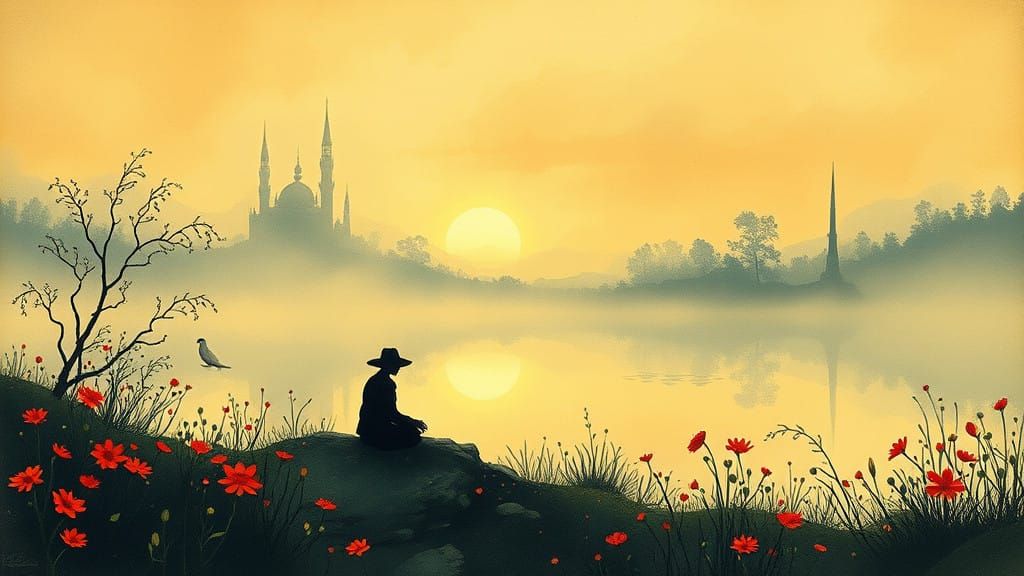 Dreamlike Lake Scene with Fantastical Flora in Whimsical Ink...