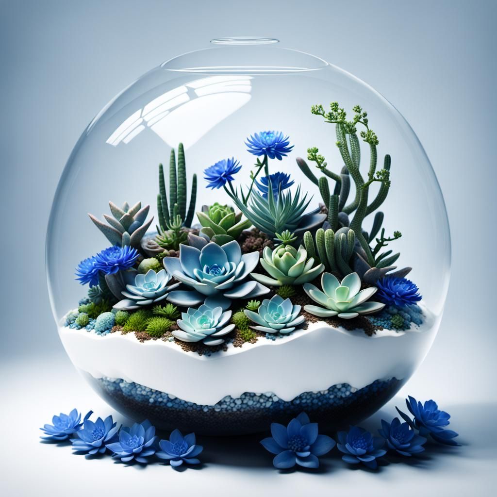 Futuristic Terrarium with Succulents and Blue Flowers