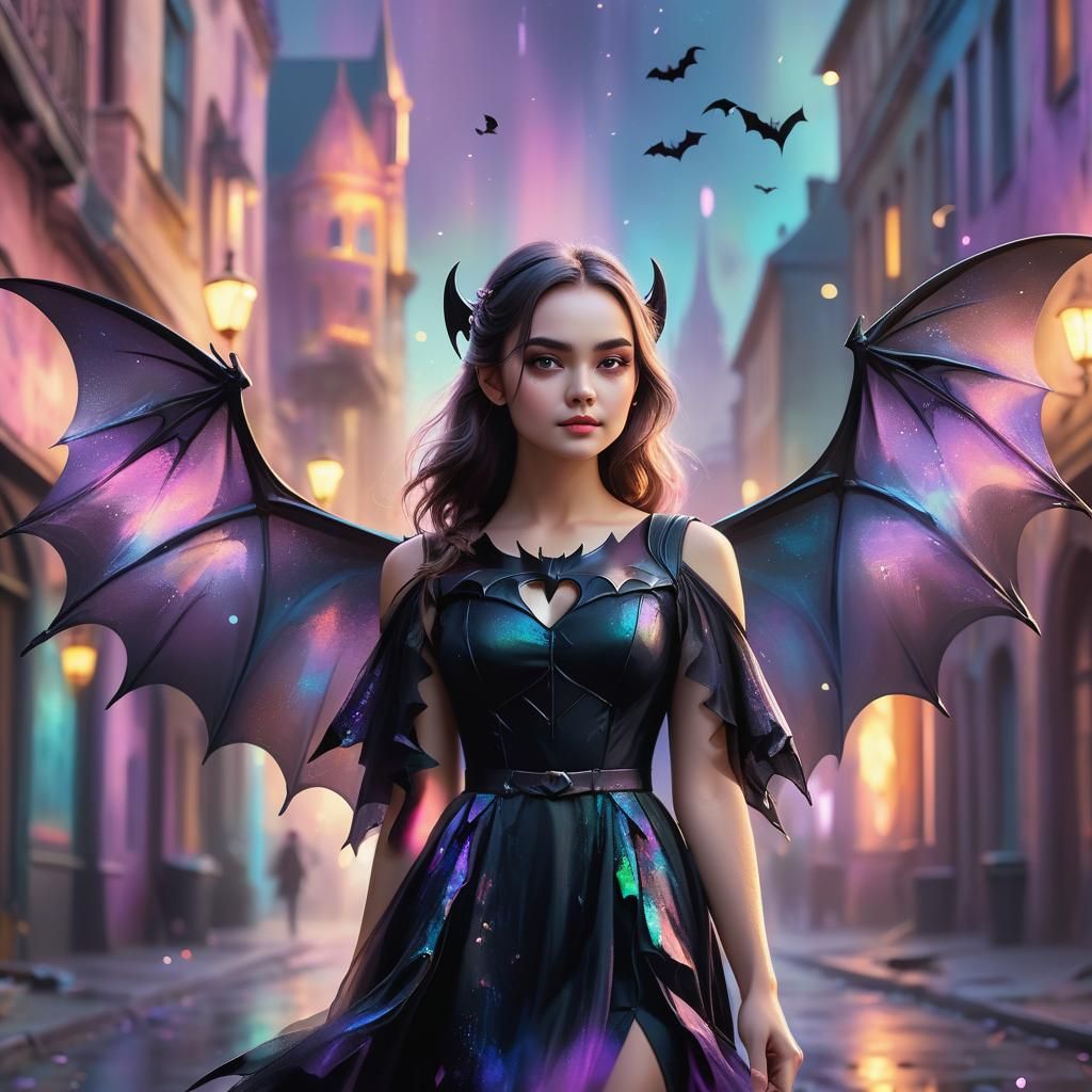 a cute, whimsical girl with large, expressive eyes wearing a...