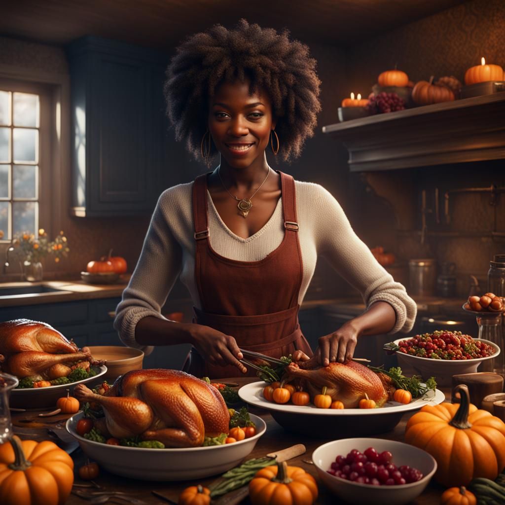 Melanin Woman Prepares Thanksgiving Dinner