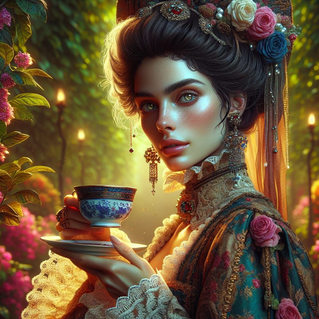Elegant Woman Sipping Tea in Lush Garden