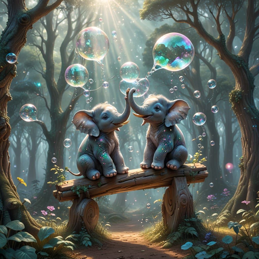 **"Zwei kleine Elefanten entdecken im Zauberwald glitzernde Seifenblasen unter wärmenden Strahlen der Sonne"**