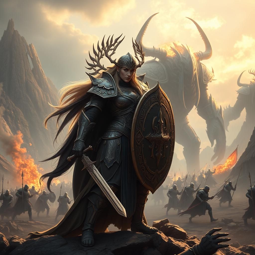 Freyja Leads Army Against Giants, Fantasy Concept Art