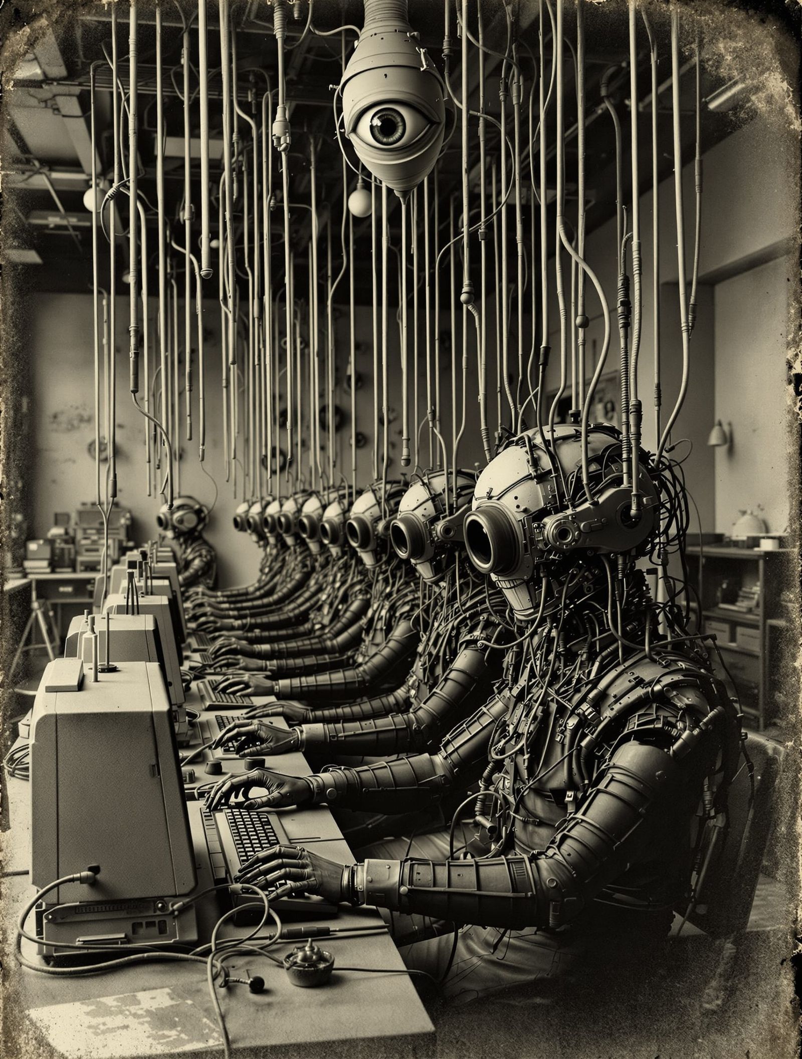 Victorian Drones in Surreal Office, Man Ray Style