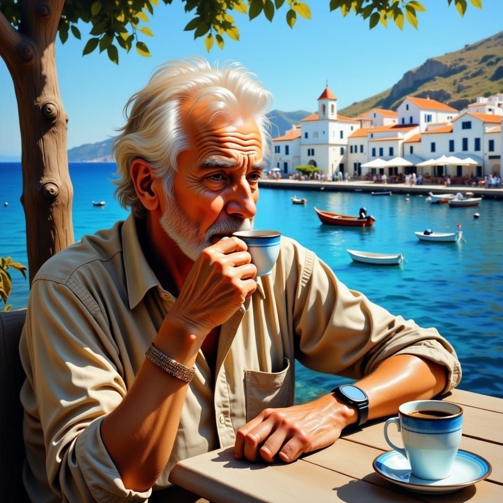 Elderly Man Sipping Espresso by the Sea