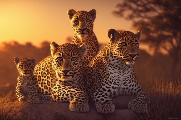 Leopard Family in Serengeti Sunset: Dynamic Digital Art