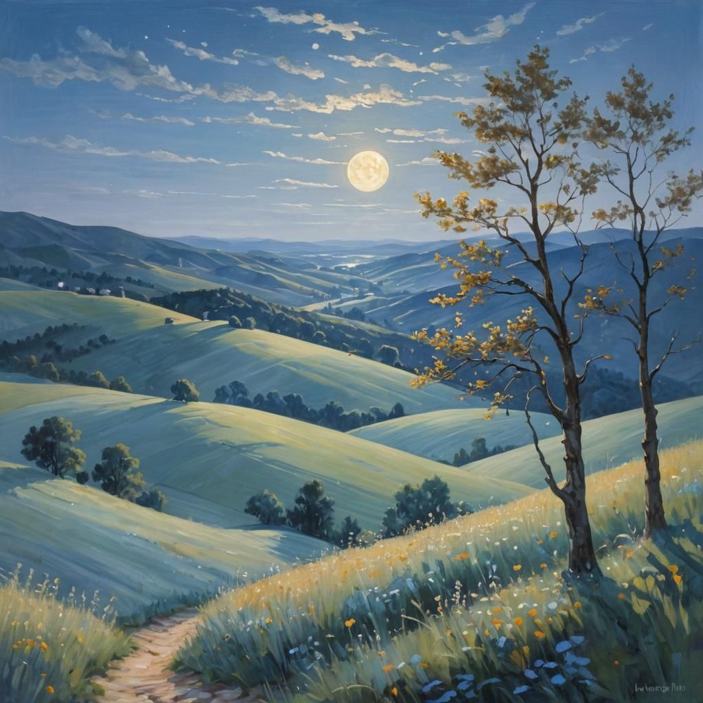 Moonlit Landscape Painting in Impressionistic Style