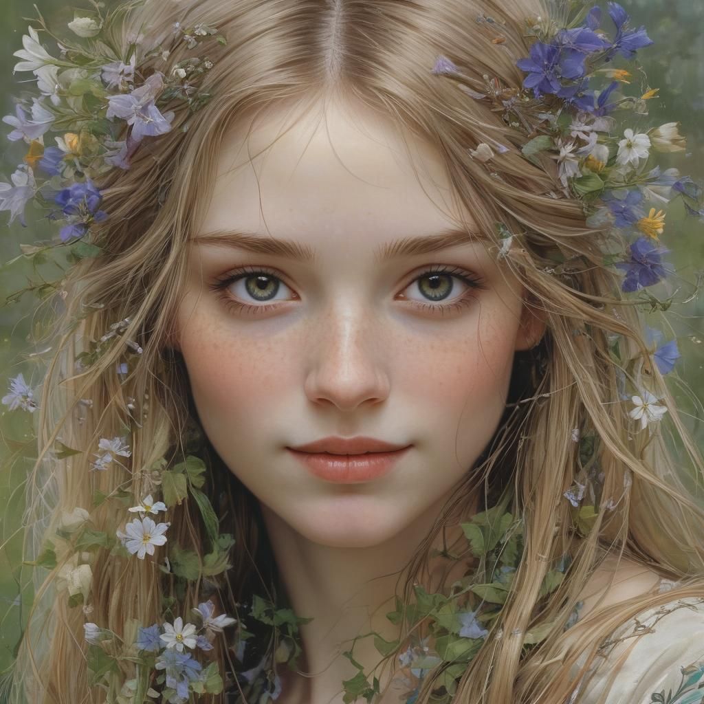Fairy Tale Girl Portrait with Wildflowers