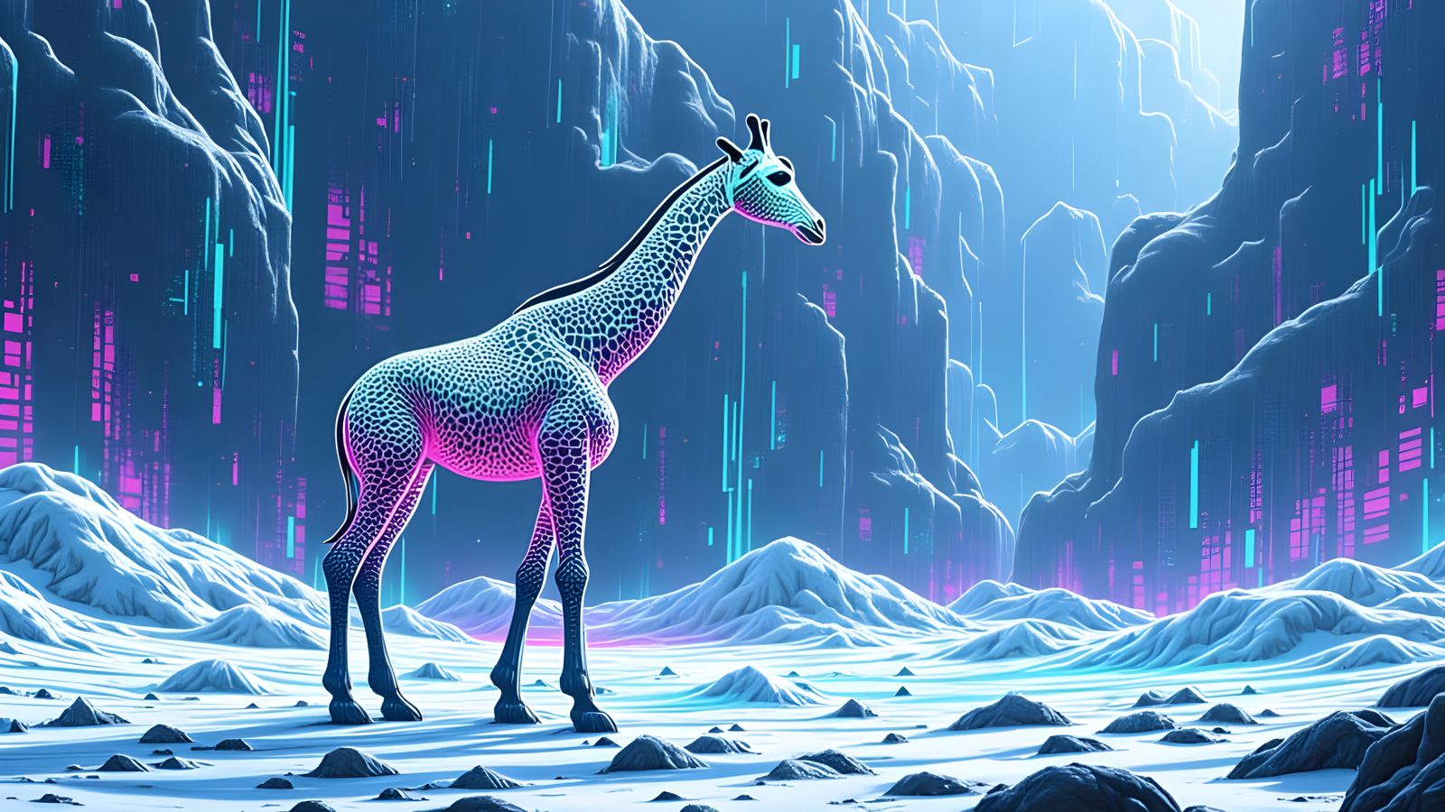 Giraffe on a Circuit Board in Winter Snow
