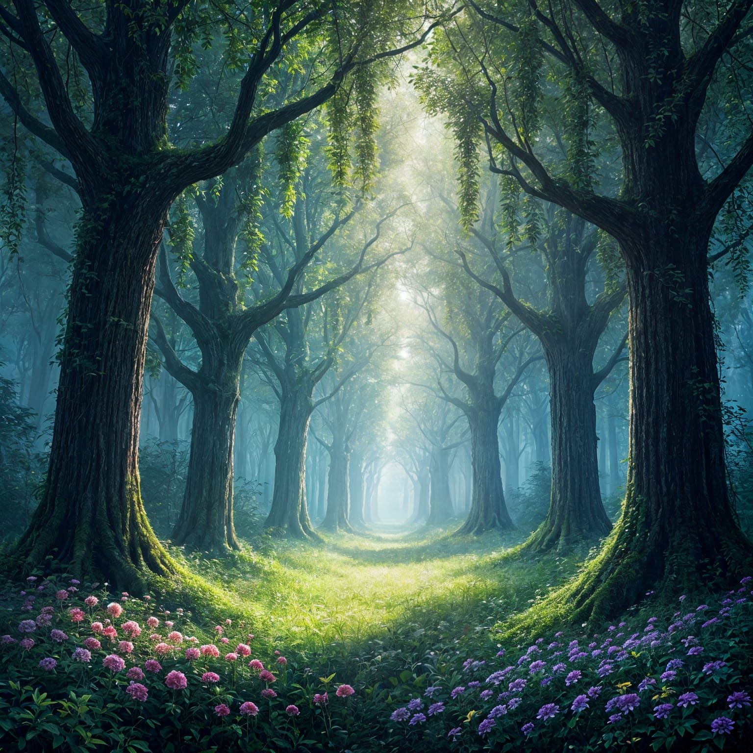 Glowing Forest Grove with Hanging Vines