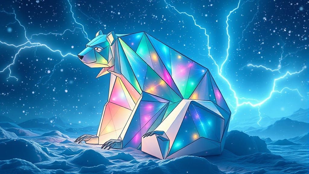 Origami Polar Bear in Electric Rainbow Snowstorm