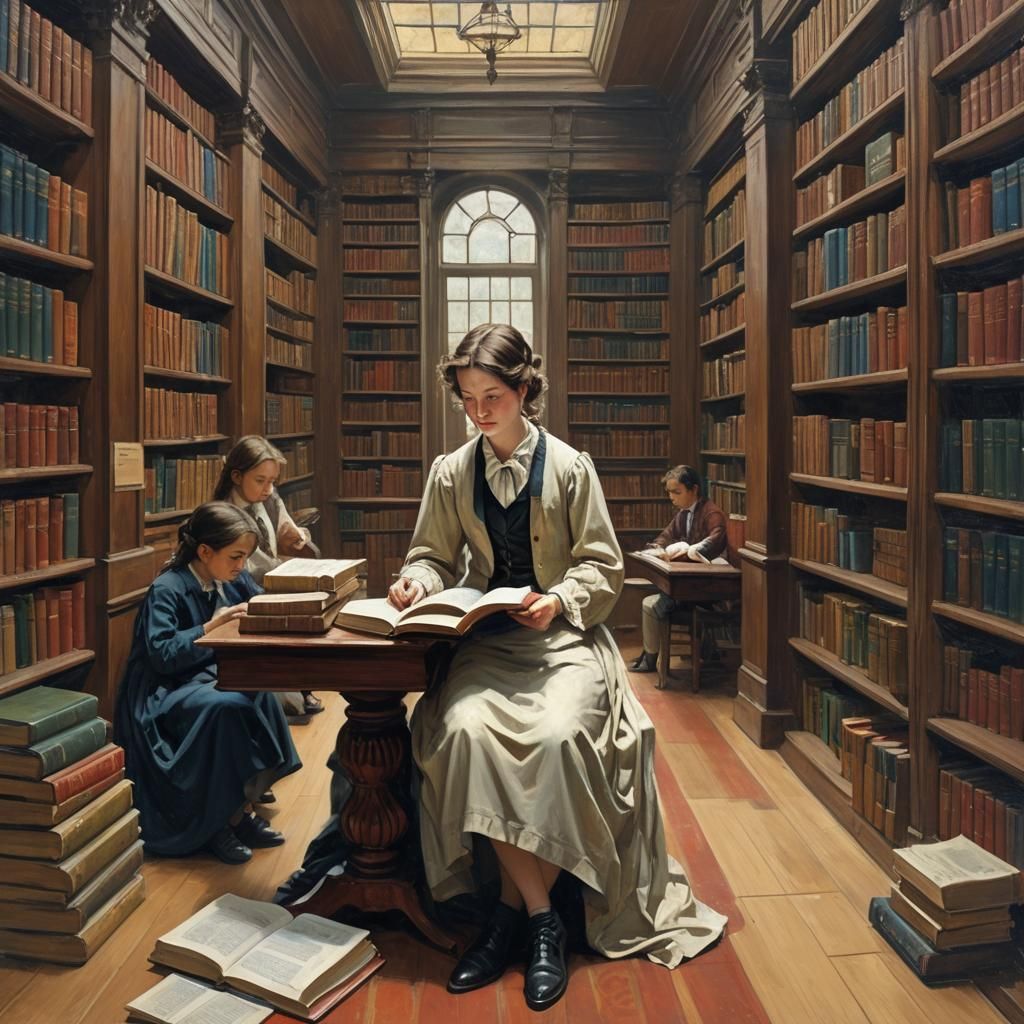 Librarian Reading to Students, Oil Painting