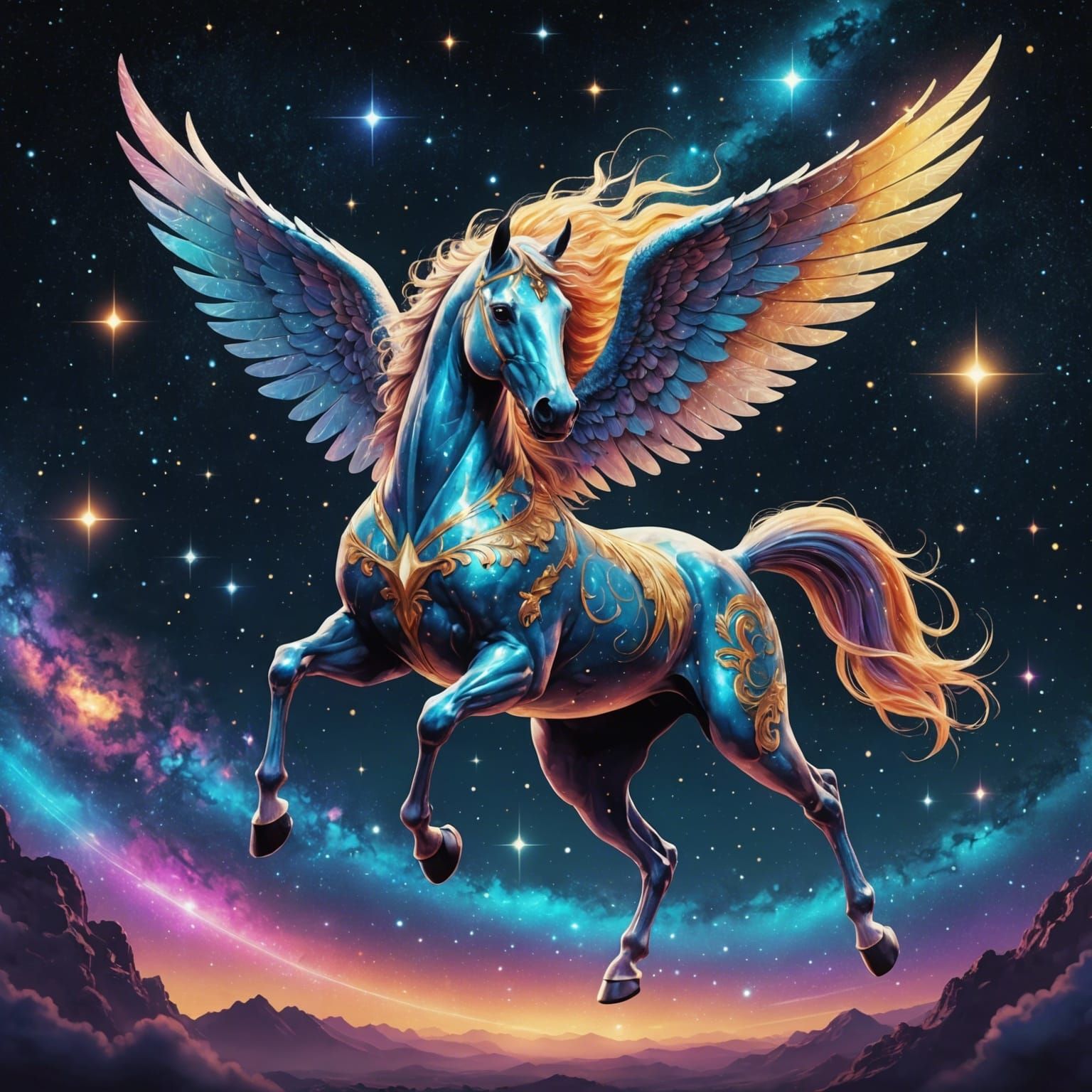 Pegasus Soaring Through Stars: Holographic Astral Illustrati...