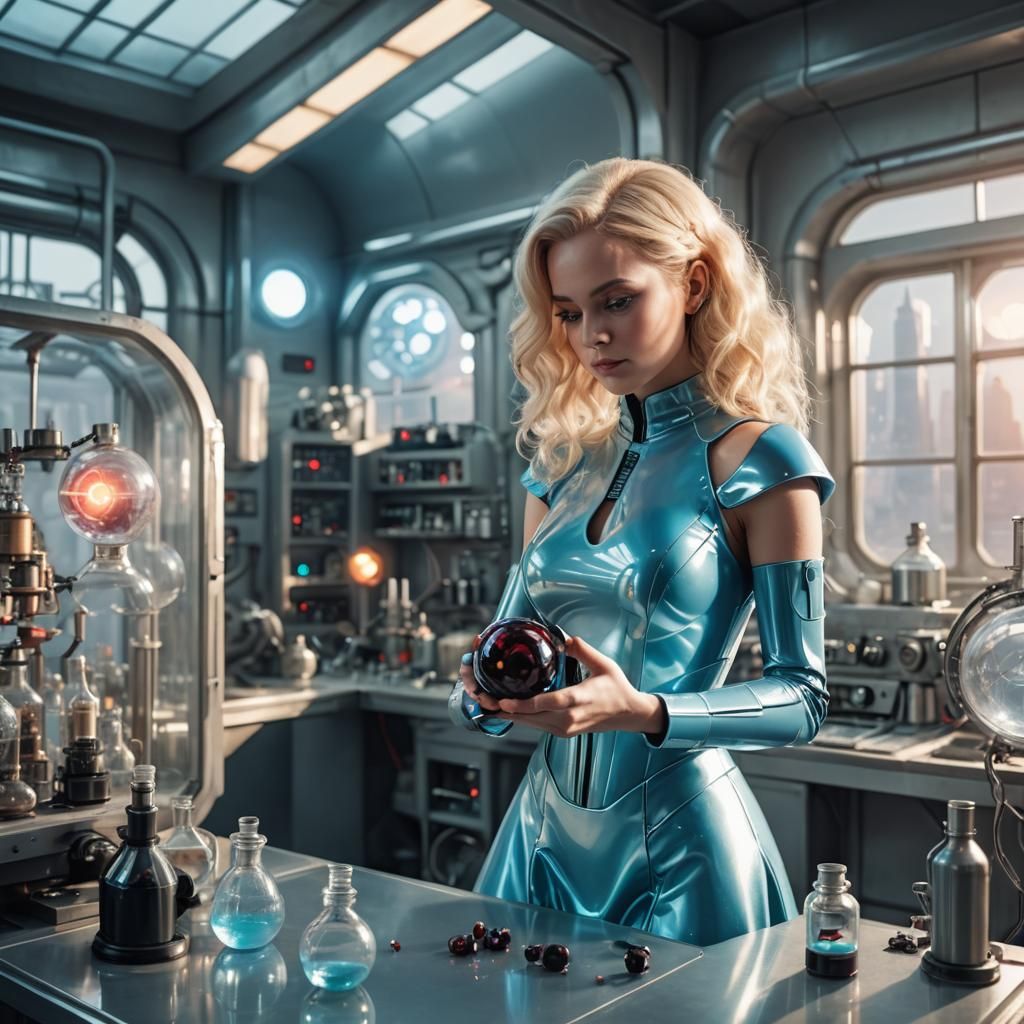 Android Woman Making Love Potion in Sci-Fi Lab