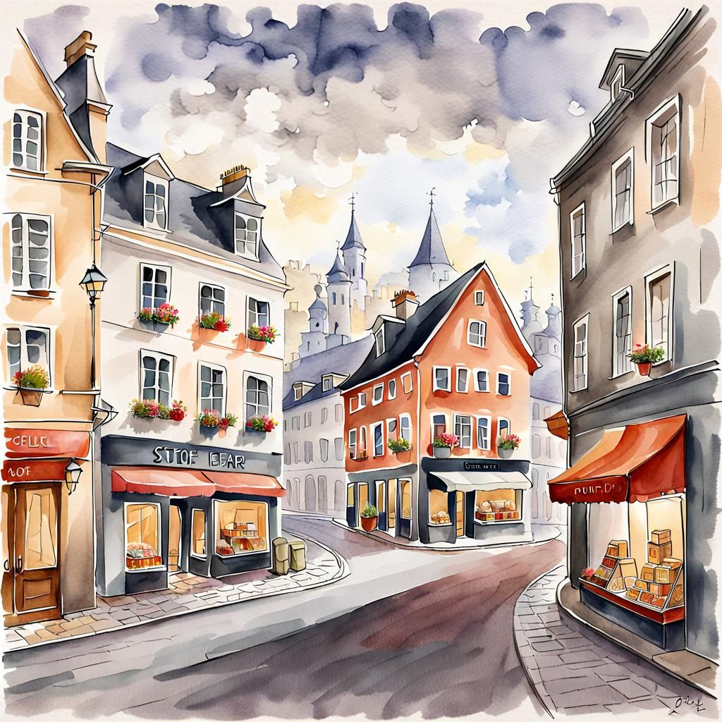 European Watercolor Cityscape with Elegant Storefronts