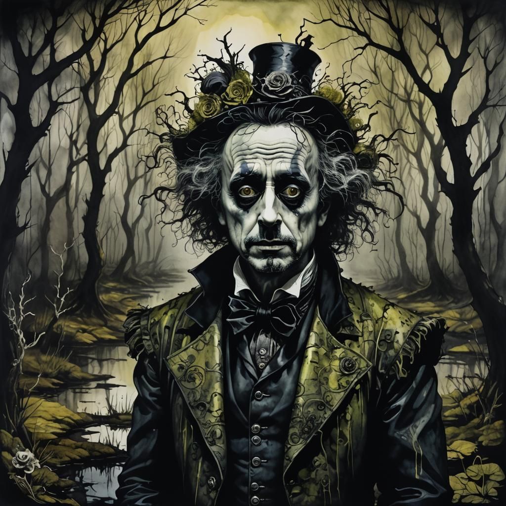 Ornate Opera Singer in Eerie Bog, Alcohol Ink Style