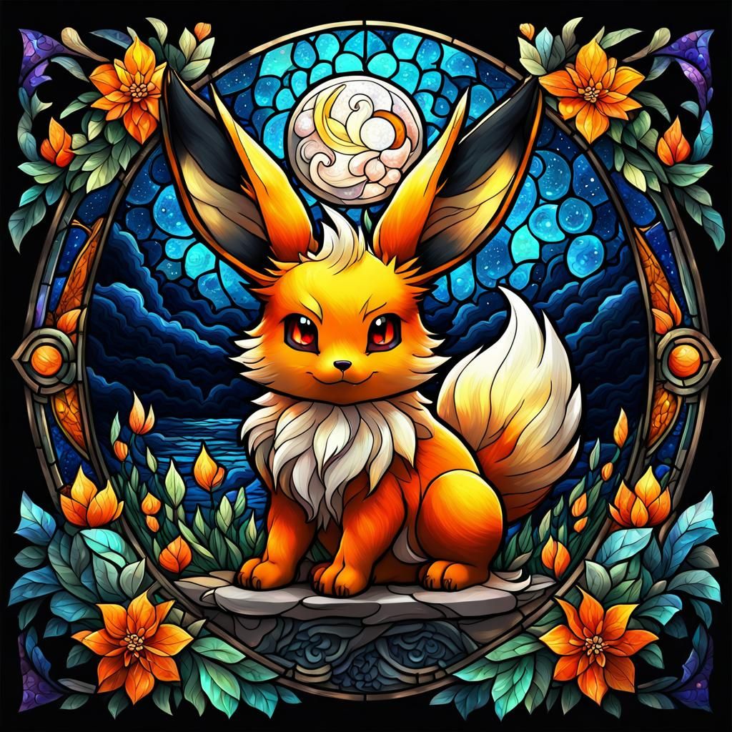 Stained Glass Flareon Portrait with Flowers