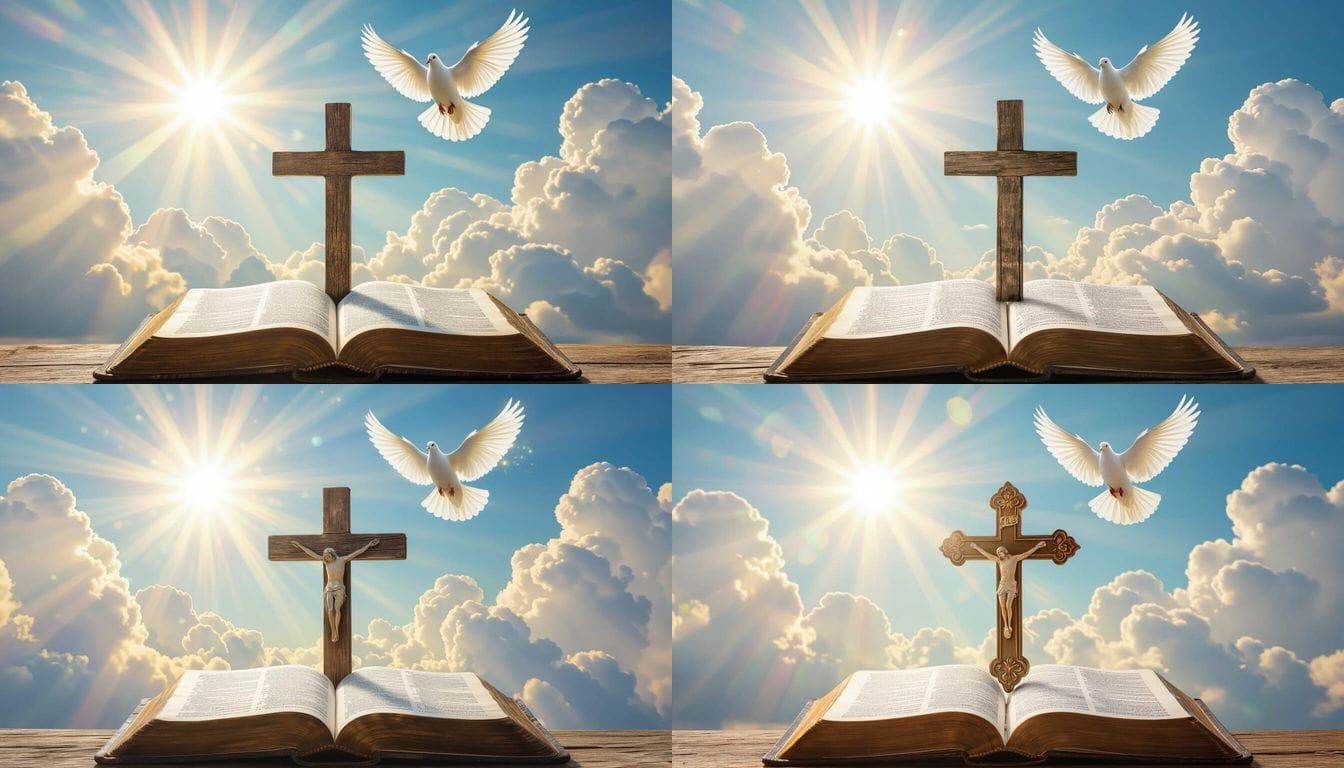 Cross on Bible Under Bright Sky with Dove